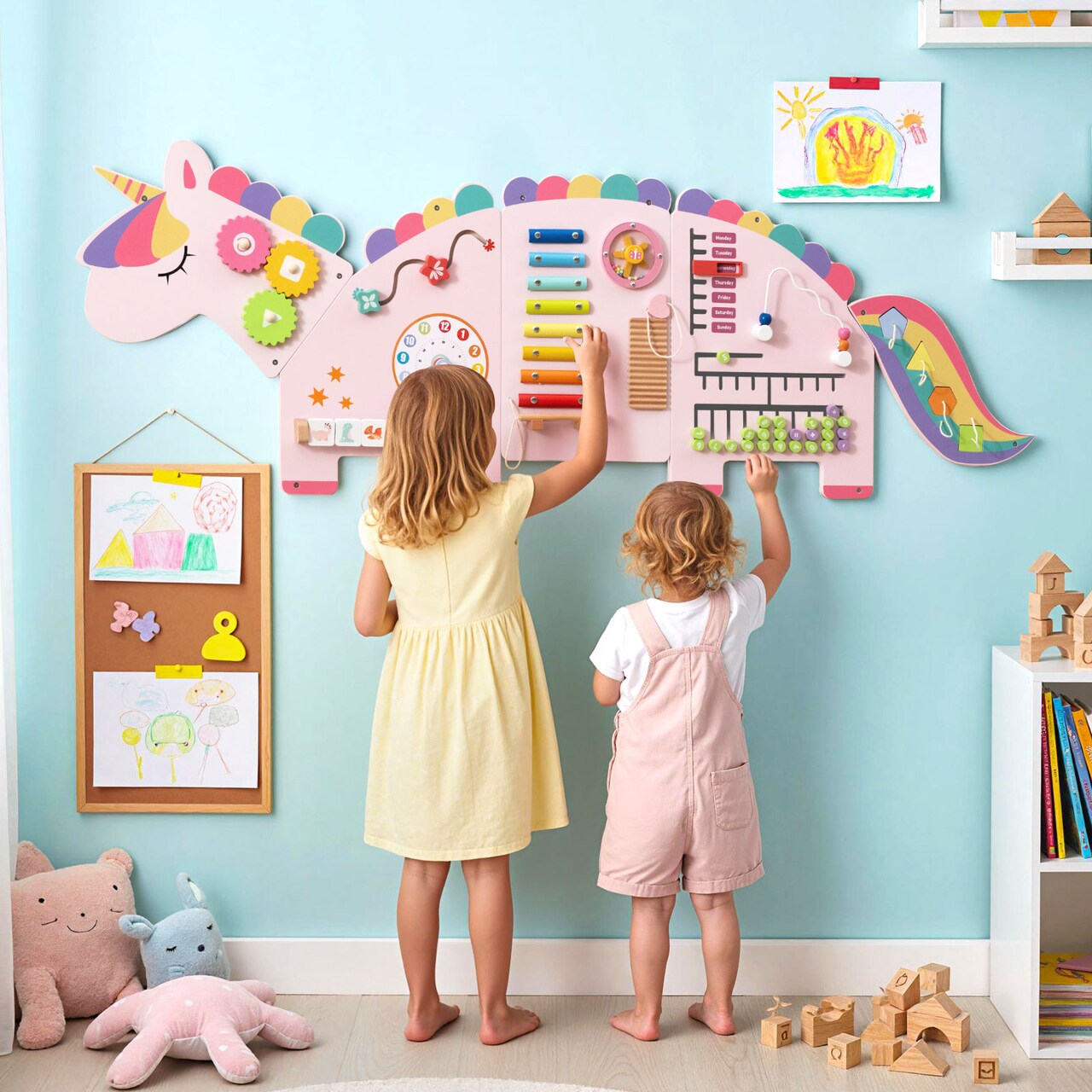 11-in-1 Kids Busy Board with Dinosaur Theme, Educational Wall Panels